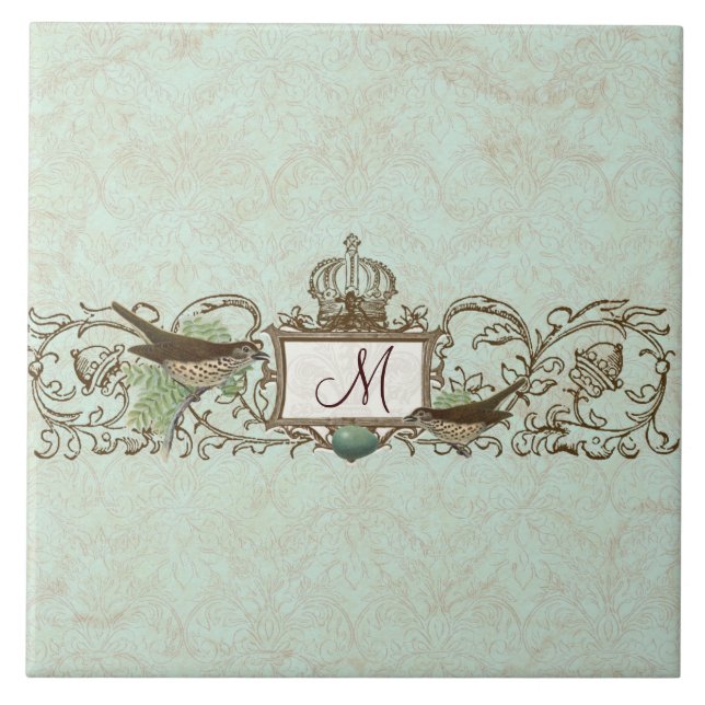 Monogram för rulla för fåglar för blått för kakelplatta (Framsidan)