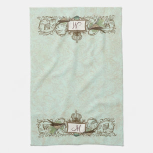 Monogram för rulla för fåglar för blått för kökshandduk