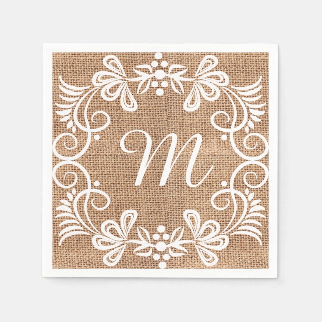 Monogram för Rustic Burlap Blommigt Initial Pappersservett (Framsidan)