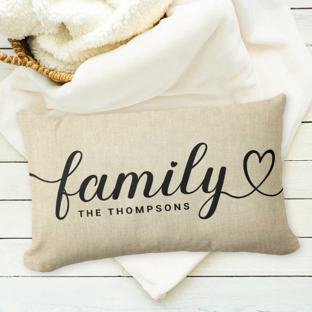 Monogram för Rustic Linen Anpassningsbar i Family  Lumbarkudde (Skapare uppladdad)