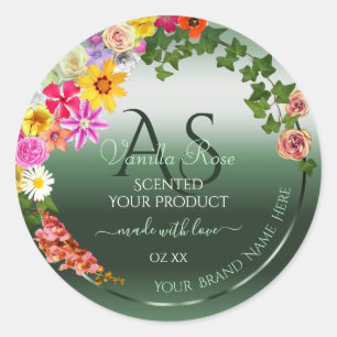 Monogram för Shimmery Mörk grönt Blommigt - produk Runt Klistermärke