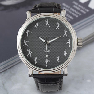Monogram för Shiny Metall Baseball Player Silver Armbandsur