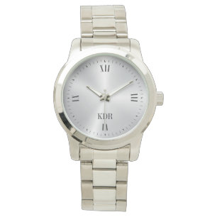 Monogram för shiny Metallic Silver Roman Numerals Armbandsur