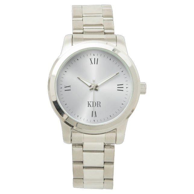 Monogram för shiny Metallic Silver Roman Numerals Armbandsur (Framsida)
