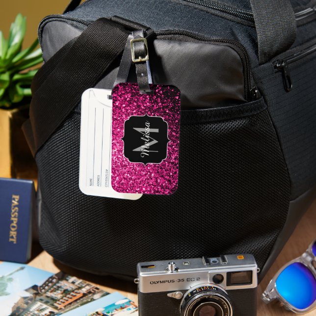 Monogram för shock rosa faux glitter bagagebricka (Framsida & Baksida)
