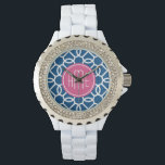 Monogram för shock rosa och blå geometriska Mönste Armbandsur<br><div class="desc">Ett fet,  grafiskt zigg zag-mönster i färskt,  roligt färg. Om du behöver justera monogrammet klickar du på knappen Anpassa och gör ändringar.</div>