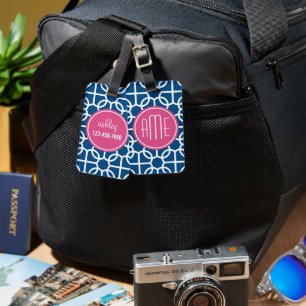 Monogram för shock rosa och blå geometriska Mönste Bagagebricka