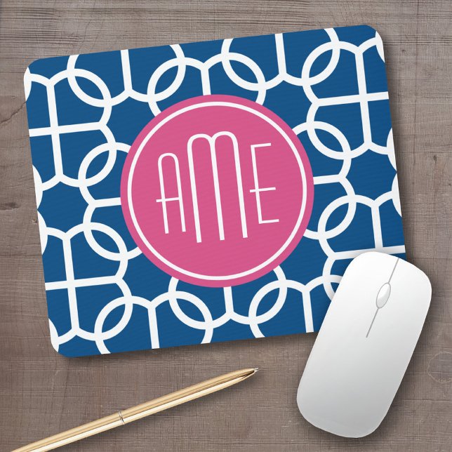 Monogram för shock rosa och blå geometriska Mönste Musmatta (Personalized mousepad - add your custom text)