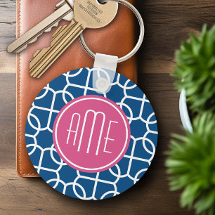 Monogram för shock rosa och blå geometriska Mönste Nyckelring