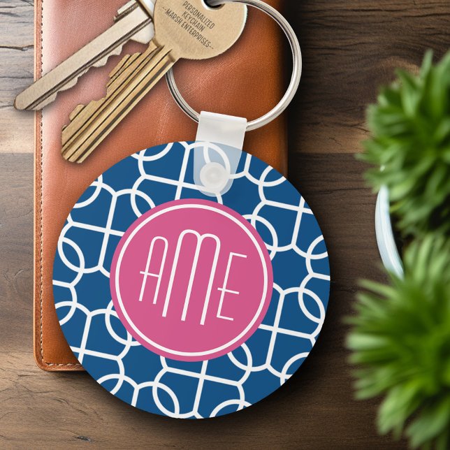 Monogram för shock rosa och blå geometriska Mönste Nyckelring (Personalized Keychain - Add Name or Monogram)
