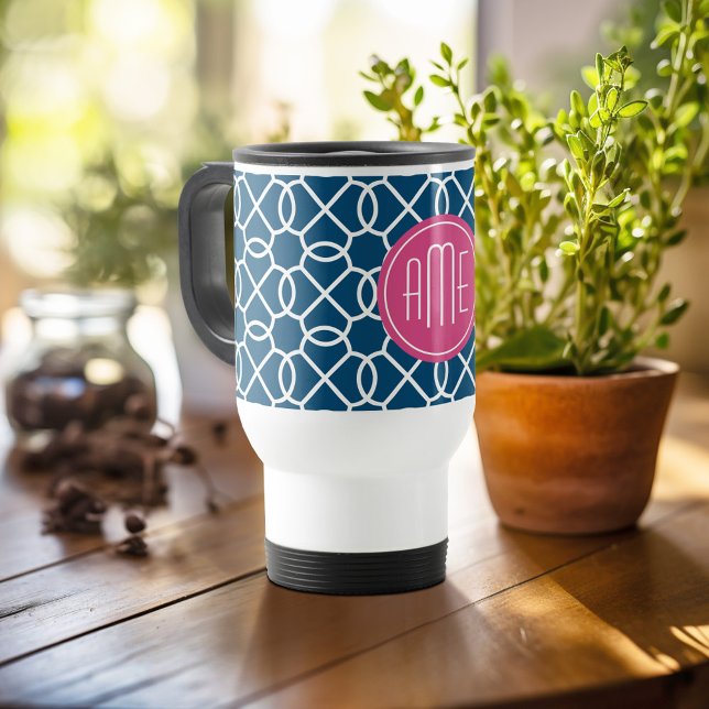 Monogram för shock rosa och blå geometriska Mönste Resemugg (Personalized travel mug - add photos and text or customize completely)
