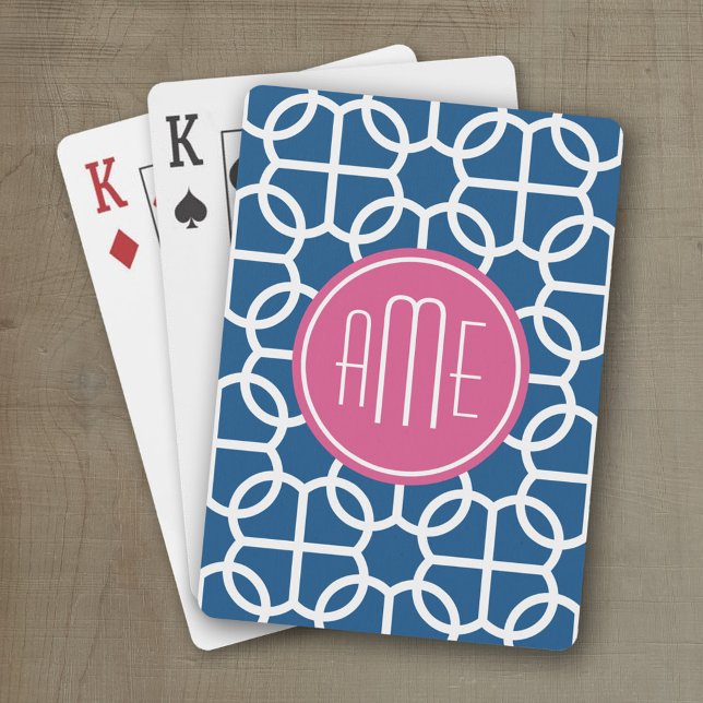 Monogram för shock rosa och blå geometriska Mönste Spel Kort (Personalized playing cards with monogram or custom text)