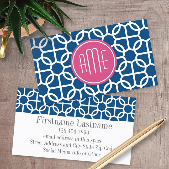Monogram för shock rosa och blå geometriska Mönste Visitkort (Custom Printed Business Cards)