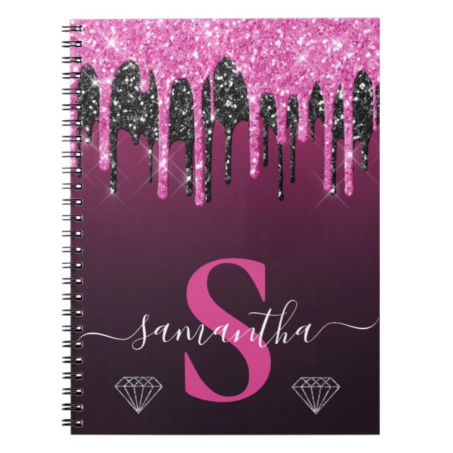 Monogram för shock rosa och svartvita droppar i Gl Anteckningsbok (Framsidan)