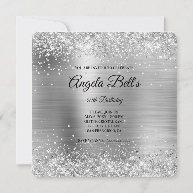 Monogram för silver Glitter Brushed Metall Finare Inbjudningar (Baksida)