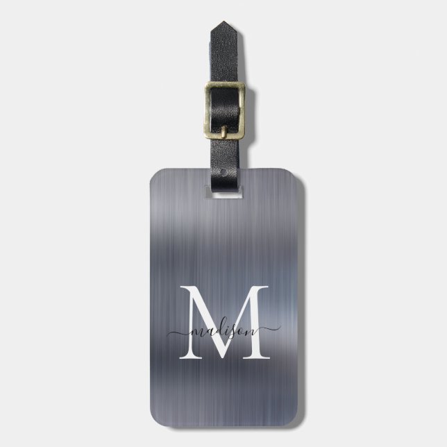 Monogram för Silver Grått Brushed Metall-fotoskrip Bagagebricka (Vertikal Framsida)