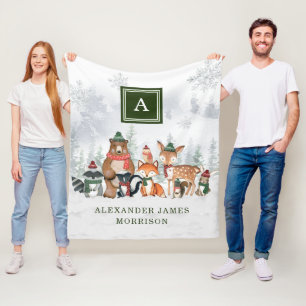 Monogram för skogsdjur i vinterskog fleecefilt