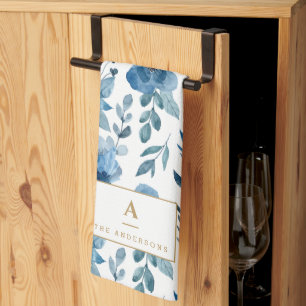 Monogram för snyggt Blå vattenfärgsblommor Kökshandduk