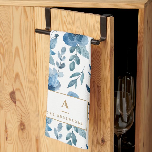 Monogram för snyggt Blå vattenfärgsblommor Kökshandduk (Thirds Fold)