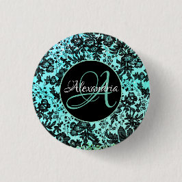 Monogram för snyggt Turkos Blue and Black Blommigt Knapp