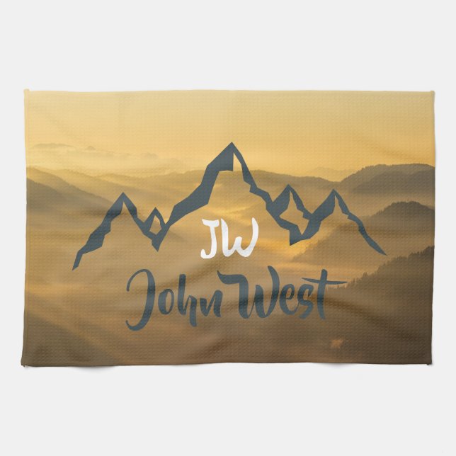 Monogram för solupphöjda bergsområden i guld kökshandduk (Horisontell)
