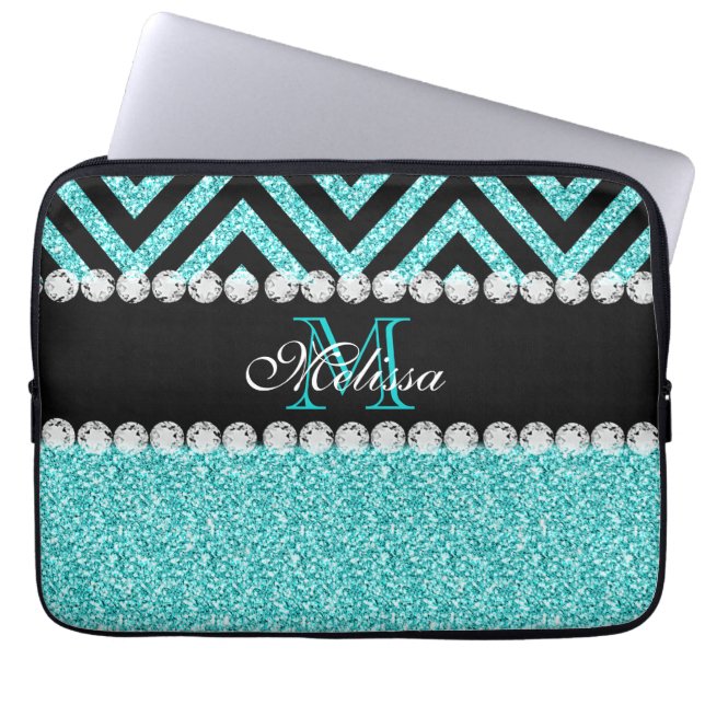 MONOGRAM FÖR SPARRE FÖR AQUAGLITTERSVART LAPTOP SLEEVE (Framsidan)