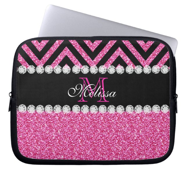 Monogram för sparre för rosaglittersvart laptop sleeve (Framsidan)