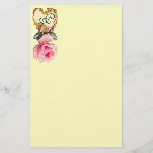 MONOGRAM FÖR SVARSOMRÅDET elegant ROSA ROS OCH GUL Brevpapper