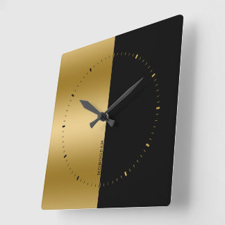 Monogram för svart och guld delad-skärm fyrkantig klocka