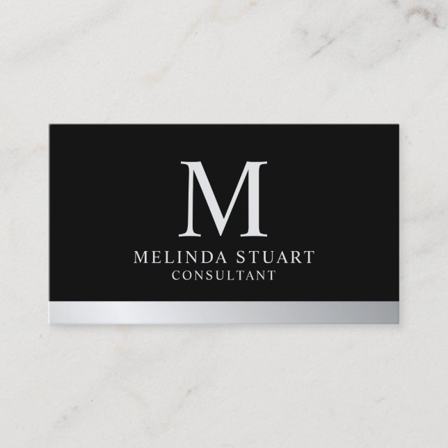Monogram för svart och Silver Elegant, Affärskort Visitkort (Framsida)