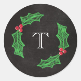 Monogram för svart tavla för Jolly jul för järnek Runt Klistermärke