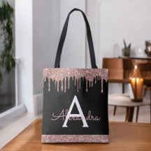 Monogram för Svarta Glitter-Eleganten rosa ros