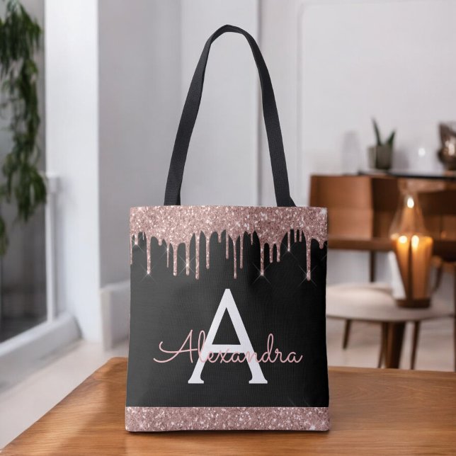 Monogram för Svarta Glitter-Eleganten rosa ros Tygkasse (Skapare uppladdad)