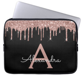 Monogram för Svarta Glitter-Gnistran rosa ros Laptop Fodral
