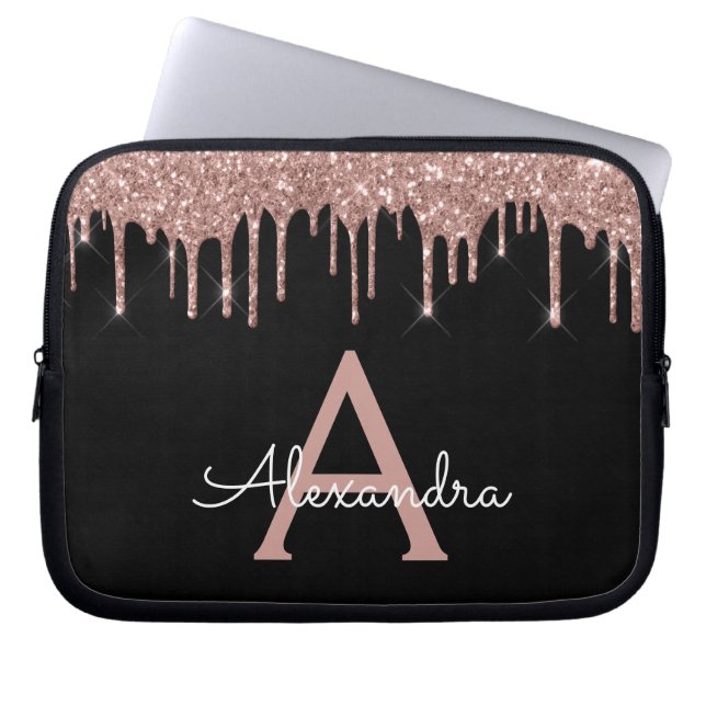 Monogram för Svarta Glitter-Gnistran rosa ros Laptop Fodral (Framsidan)