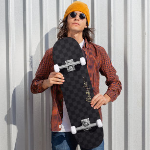 Monogram för svartutcheckad Mönster Coola Guld sig Mini Skateboard Bräda 18,5 Cm