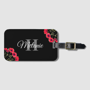 Monogram för svartvit Blommigt i elegant Script Bagagebricka