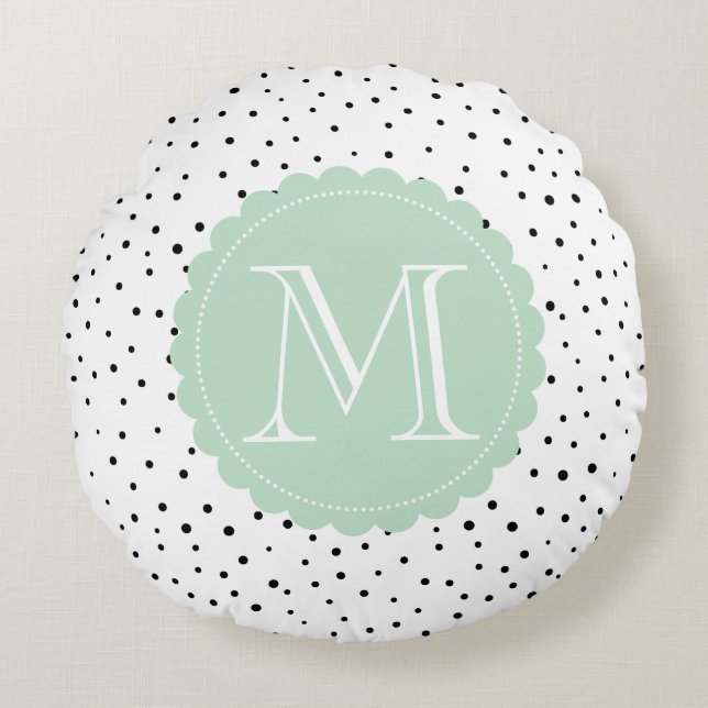 Monogram för svartvit konfetti-Grönt, Mint Rund Kudde (Framsidan)