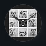 Monogram för svartvitt fotokollage, Anpassningsbar Rund Klocka<br><div class="desc">Du kan använda Instagram-foton för den här designen. Använda 8-kvadratfoton för att skapa en unik och personlig gåva. Du kan också behålla hipster-valpen och göra ett trendig keepsaké. Om du behöver justera bilder klickar du på verktyg för att anpassa.</div>