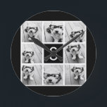 Monogram för svartvitt fotokollage, Anpassningsbar Rund Klocka<br><div class="desc">Du kan använda Instagram-foton för den här designen. Använda 8-kvadratfoton för att skapa en unik och personlig gåva. Du kan också behålla hipster-valpen och göra ett trendig keepsaké. Om du behöver justera bilder klickar du på verktyg för att anpassa.</div>