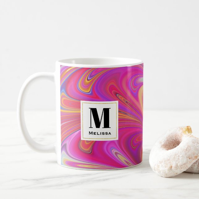 Monogram för trådlös Rosa och Orange Kaffemugg (Med munk)