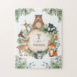 Monogram för träskog från Cute Personlig Pussel<br><div class="desc">Den här fina designen har en grupp söta skogsdjur och botaniska grönfiskar med rustik vattenfärg. Anpassa den med ditt barns namn genom att klicka på knappen "Anpassa".</div>