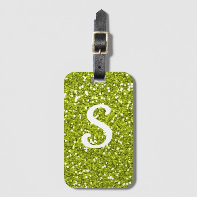 Monogram för Trendig Lime Green Glitter Bagagebricka (Framsida vertikal)