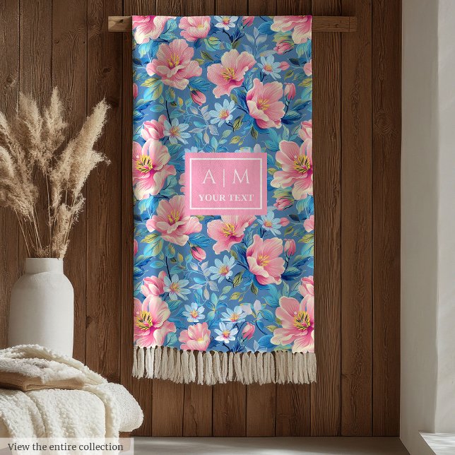 Monogram för trendig pastellblått och rosa vattenf fleecefilt (Trendy pastel blue and pink watercolor monogram Fleece Blanket)