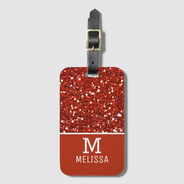 Monogram för Trendig Red Glitter Namn Bagagebricka (Framsida vertikal)