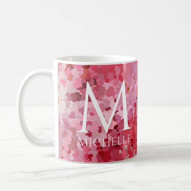 Monogram för trendig Rosa Red Hearts-mall - initia Kaffemugg (Vänster)