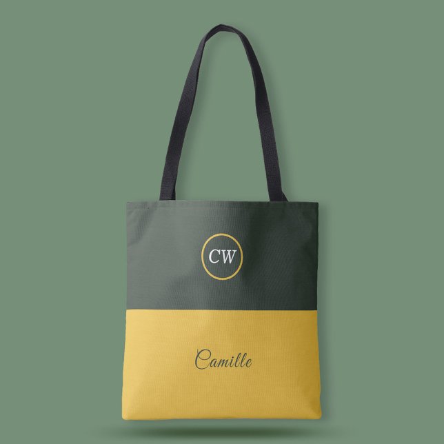 Monogram för två tonvis Guld och Grönt av skog Tygkasse (Two Tone Gold & Forest Green Monogram Tote Bag)