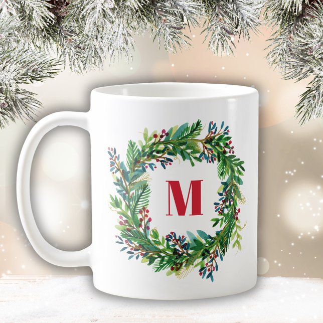 Monogram för utandning av god jul Helgdag Initialt Kaffemugg (Watercolor Christmas Wreath with monogram/initial. Perfect for Holiday season this winter)