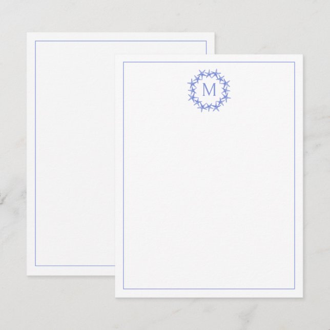 Monogram för utandning av kustblått och vitt stjär anteckningskort (Fram/baksida)