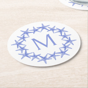 Monogram för utandning av kustblått och vitt stjär underlägg papper rund